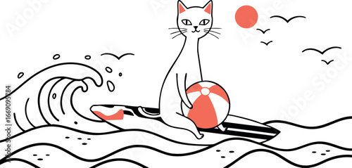 Cat surfing on waves with red ball and sun in minimalist style vector illustration 