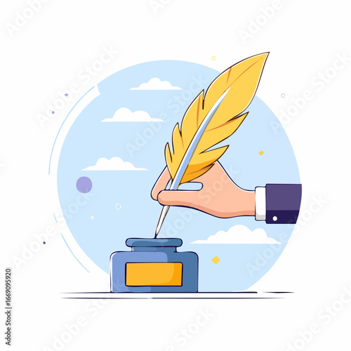 Hand Holding Feather Writing Quill Over Inkwell Illustration
