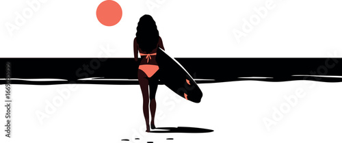 Woman with surfboard walking on beach during sunset vector illustration 