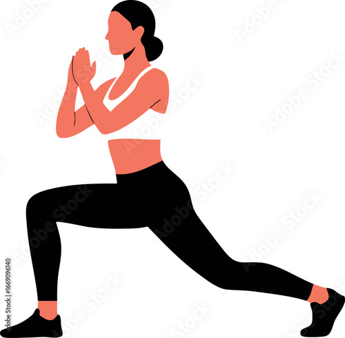 Woman Performing Lunge Exercise in Black and White Sportswear Fitness Illustration 