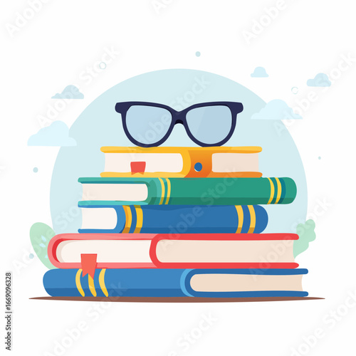 Colorful Books Stacked With Glasses