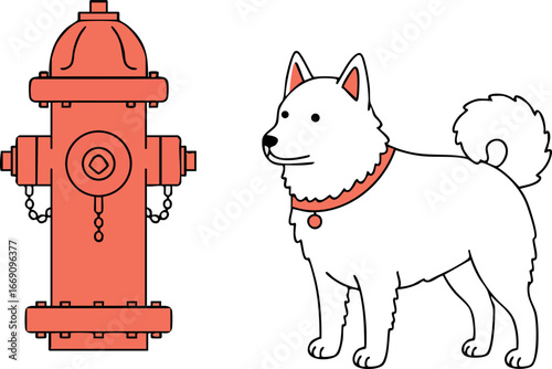 White dog with red collar standing next to red fire hydrant vector illustration 