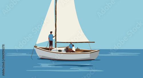 Sailboat with two men on calm blue sea under clear sky vector illustration 