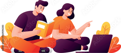 Young couple studying together with laptop and book in autumn setting vector illustration 