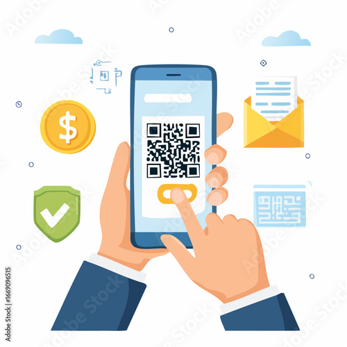 Hand Scanning Qr Code On Smartphone With Payment Icons