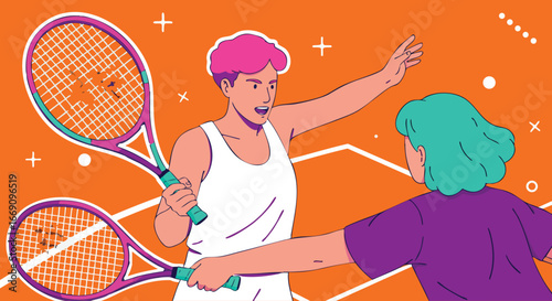 Two young people playing tennis with rackets on orange court vector illustration 