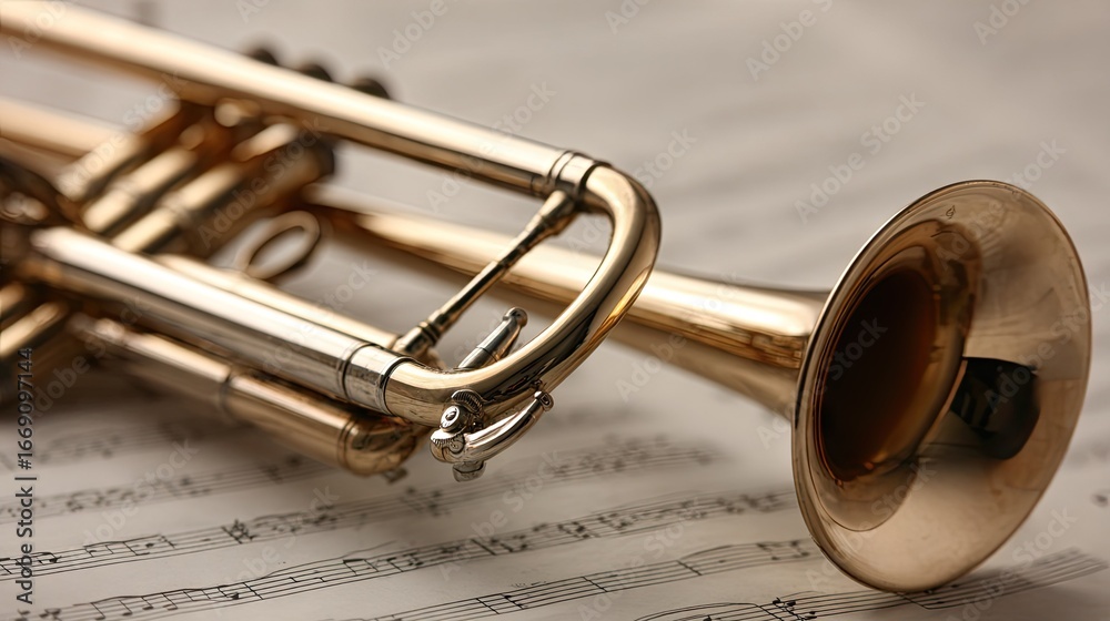 Naklejka premium Polished brass trumpet resting on sheet music.