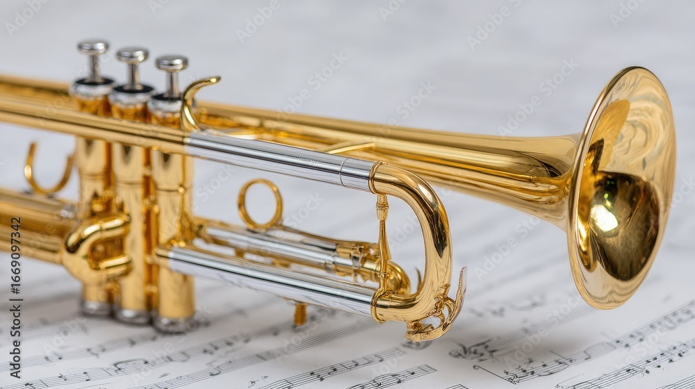 Naklejka premium Polished brass trumpet on sheet music.