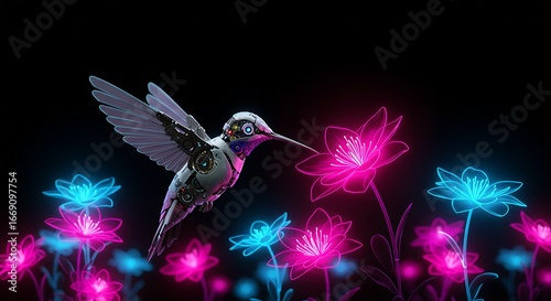 Conceptual illustration of a robotic hummingbird pollinating a field of glowing neon flowers, digital art