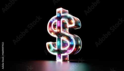 Illuminated Dollar Sign, Neon Lights, Dark Studio, Finance Concept