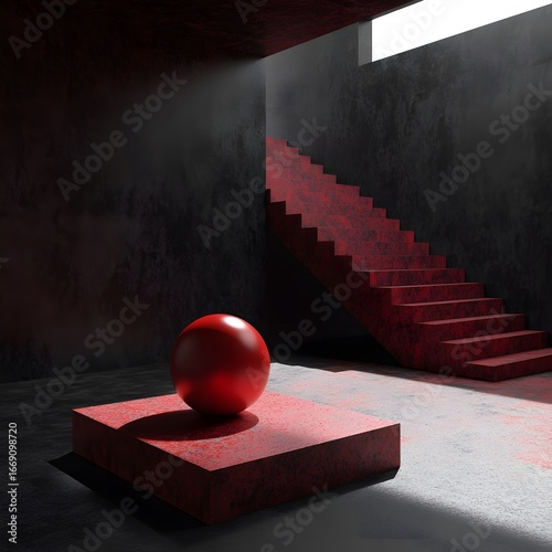 Red Sphere on Platform with Dark Red Staircase Abstract 3D Render