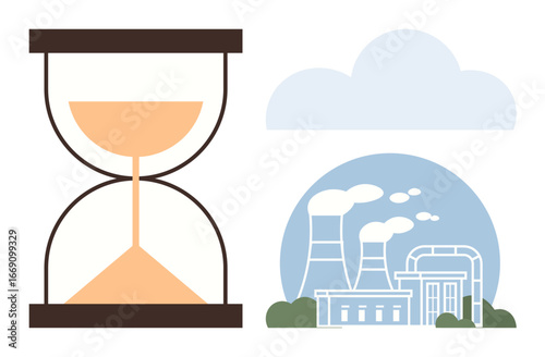 Hourglass flowing with sand beside factory releasing smoke under cloudy sky. Ideal for environmental awareness, pollution, climate change, time management, resource depletion, sustainability