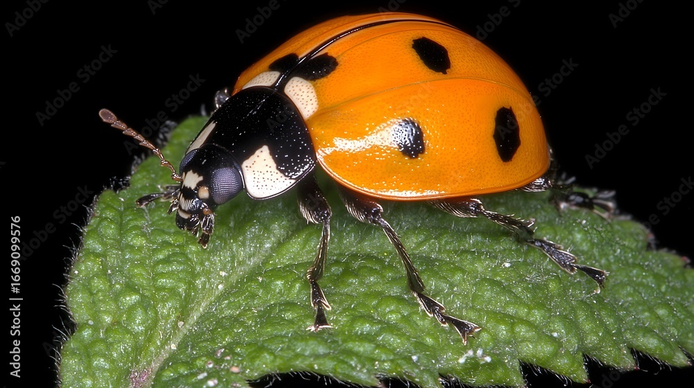 Fototapeta premium Macro Photo of Orange Ladybug on Green Leaf