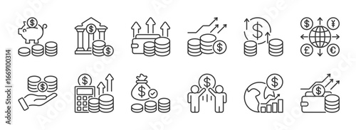 financial money income icon line set dollar arrow cash flow business economy growth signs vector illustration finance chart sales symbol outline design