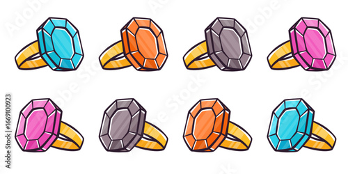 Golden rings icon set. Vintage brilliant gold jewelry isolated. Gold ring with  coloured precious stones. Colourful Diamond gold jewellery. Luxury bijouterie. Vector illustration