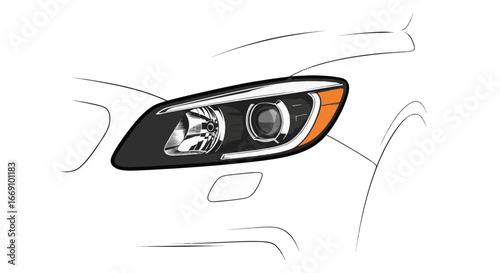 Hand drawn vector illustration of a sports car headlight with detailed headlight and wheel design.