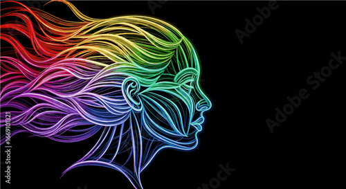 Abstract, colorful smoke swirls in the shape of a woman's head and hair against a black background.