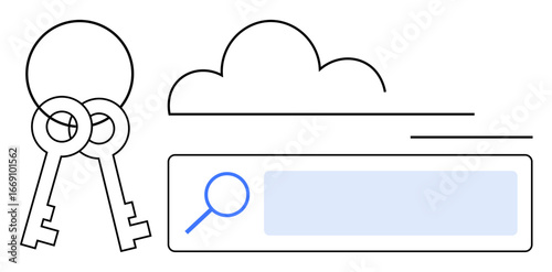 Cloud outline with two keys and a search bar featuring a magnifying glass. Ideal for cloud computing, cybersecurity, key management, online login, access control, data privacy, and simple landing