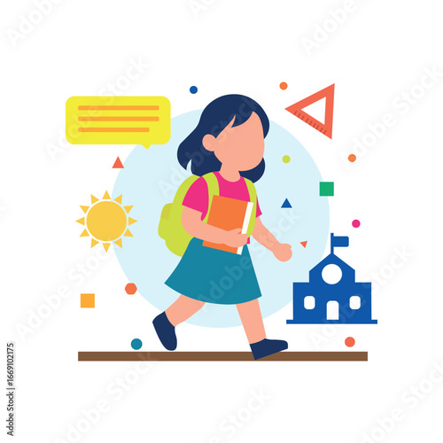 School Girl Walking to School with Backpack and Books
