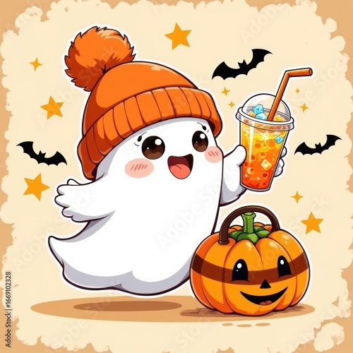 Friendly Halloween Ghost with Pumpkin and Drink