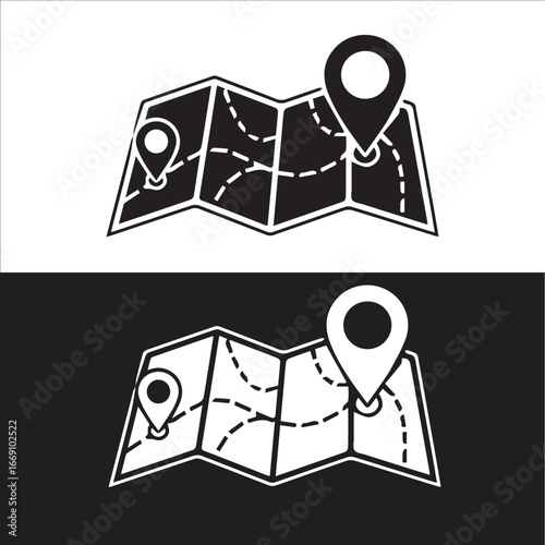 Vector illustration of a folded map with location pins showing a route from start to destination. Icon for GPS navigation, travel, and journey concepts