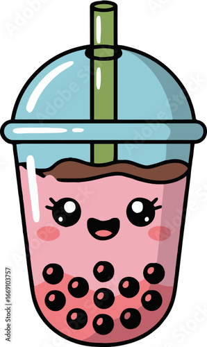 Illustration of a cute pink bubble tea with a blue lid and a green straw on a white background