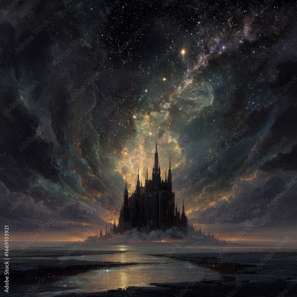 Fototapeta premium A castle is in the middle of a dark sky with a large body of water