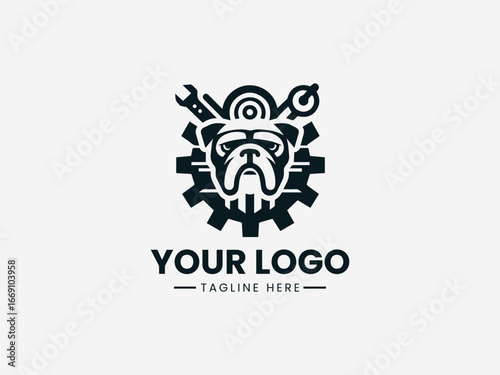 Tough bulldog mascot with automotive tools in reliable repair shop vector logo