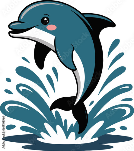 A cartoon dolphin jumping out of the water with splash effects on a white isolated background illustration