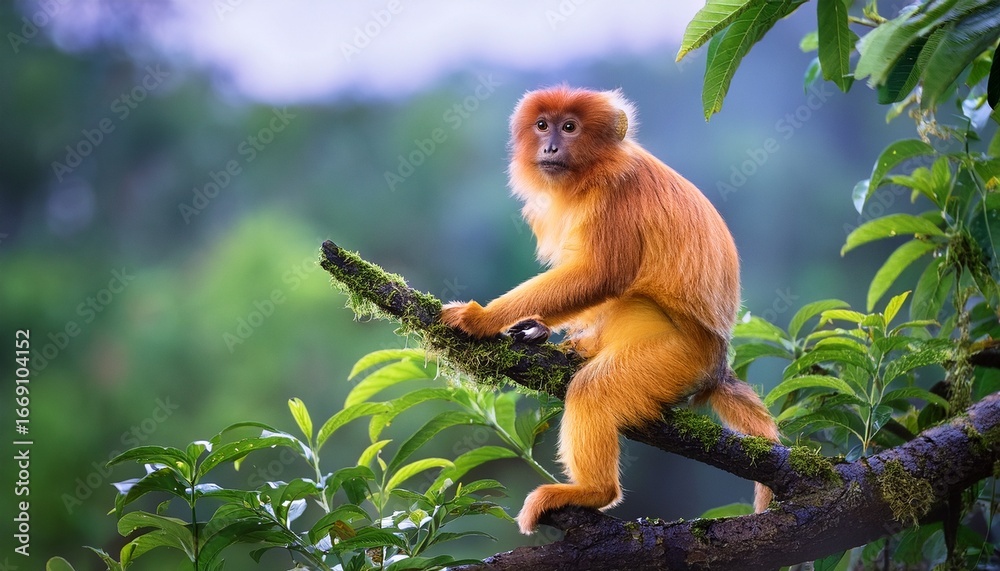 Fototapeta premium golden monkey sitting on tree in lush green forest environment