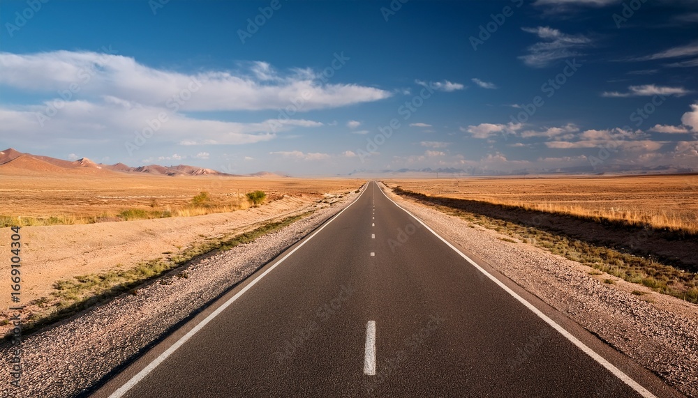 Fototapeta premium straight asphalt road stretches through flat arid landscape in atyrau region kazakhstan