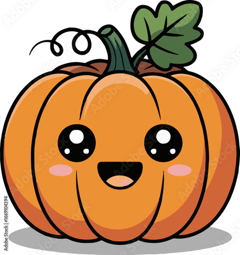 A cartoon pumpkin with a happy face and a green leaf on top of it on a white background art