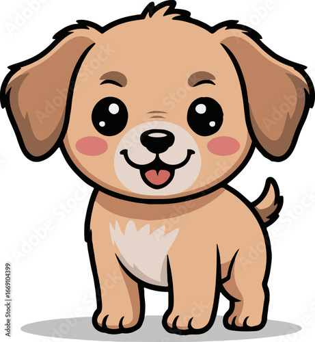 A cartoon puppy with tan fur and black outlines standing on a white background with a small shadow