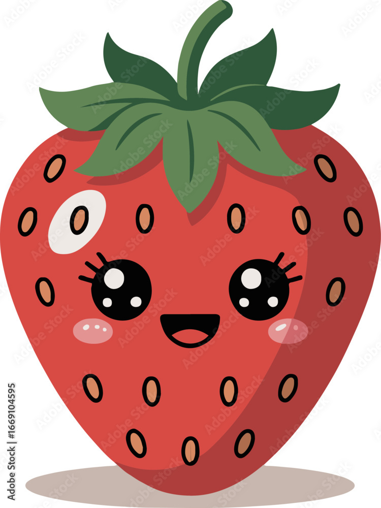 Obraz premium A cartoon strawberry with a cute face and green leaves on top against a plain background image