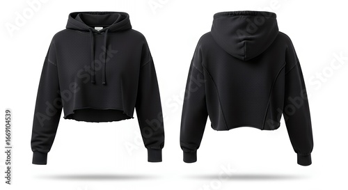 Casual black cropped hoodie with oversized fit and adjustable drawstrings suitable for streetwear and relaxed fashion styles