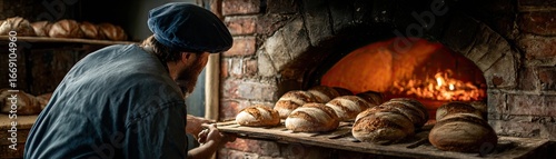Wallpaper Mural A baker inspects freshly baked loaves of bread in a rustic oven, showcasing traditional baking craftsmanship and the warmth of a brick hearth. Torontodigital.ca