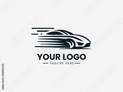 Dynamic speeding car with motion lines and sleek design in automotive vector logo