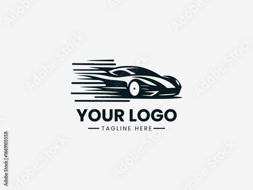 Dynamic speeding car with motion lines and sleek design in automotive vector logo