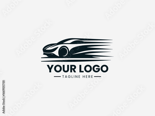 Dynamic speeding car with motion lines and sleek design in automotive vector logo