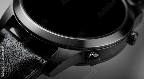 Close-up of a black leather-banded smartwatch with a dark screen.