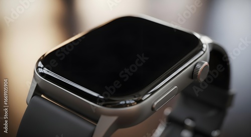 Close-up of a modern silver smartwatch with a black screen and a dark gray strap.