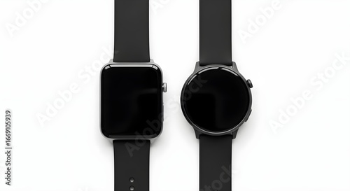 Top-down view of two modern black smartwatches, one square and one round, on a white background.