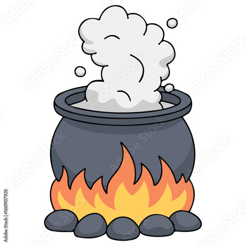 Camping pot over bonfire boiling soup vector flat illustration