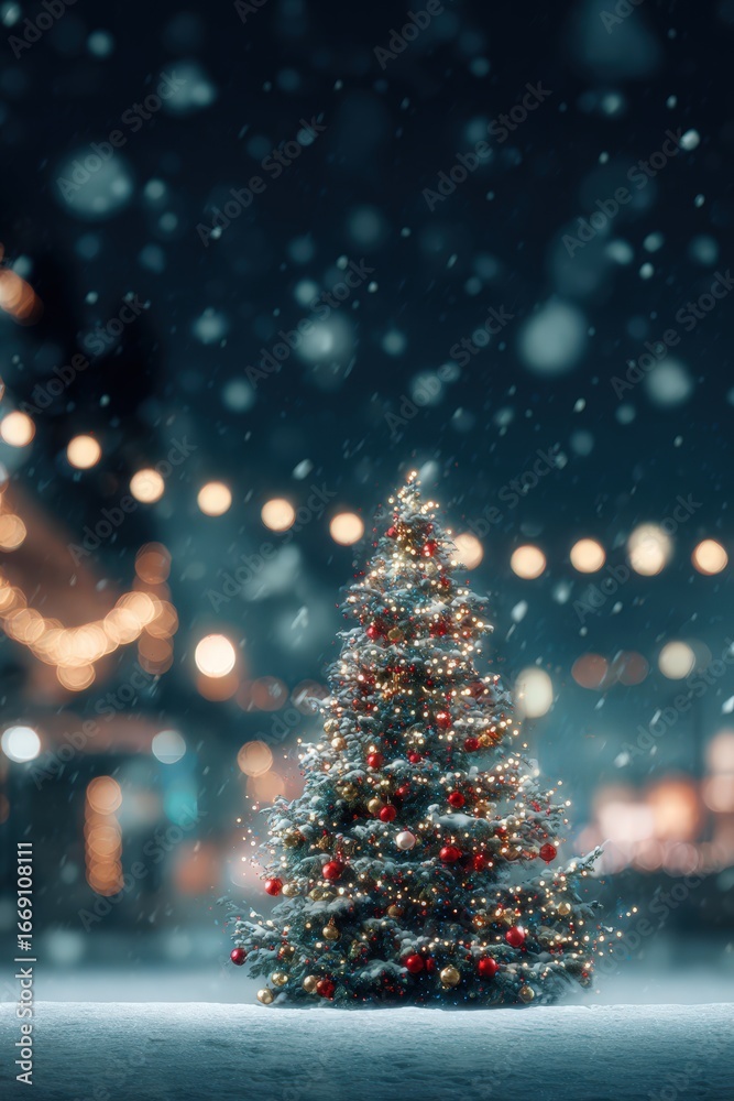 Obraz premium Snowy Christmas tree night scene