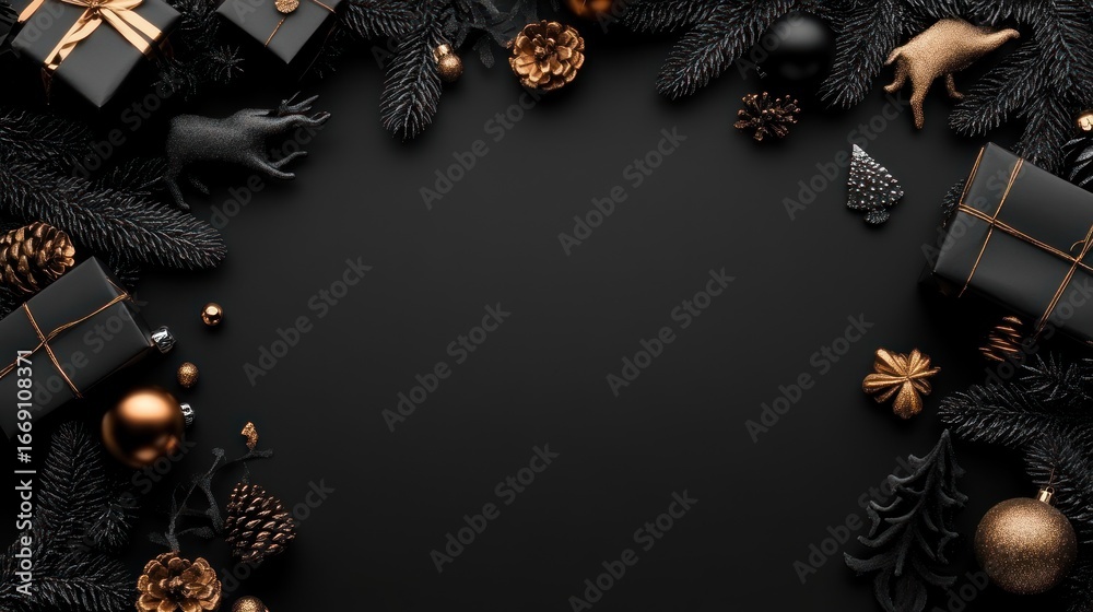 Naklejka premium Elegant Black and Gold Christmas Arrangement with Gifts and Ornaments on Dark Background