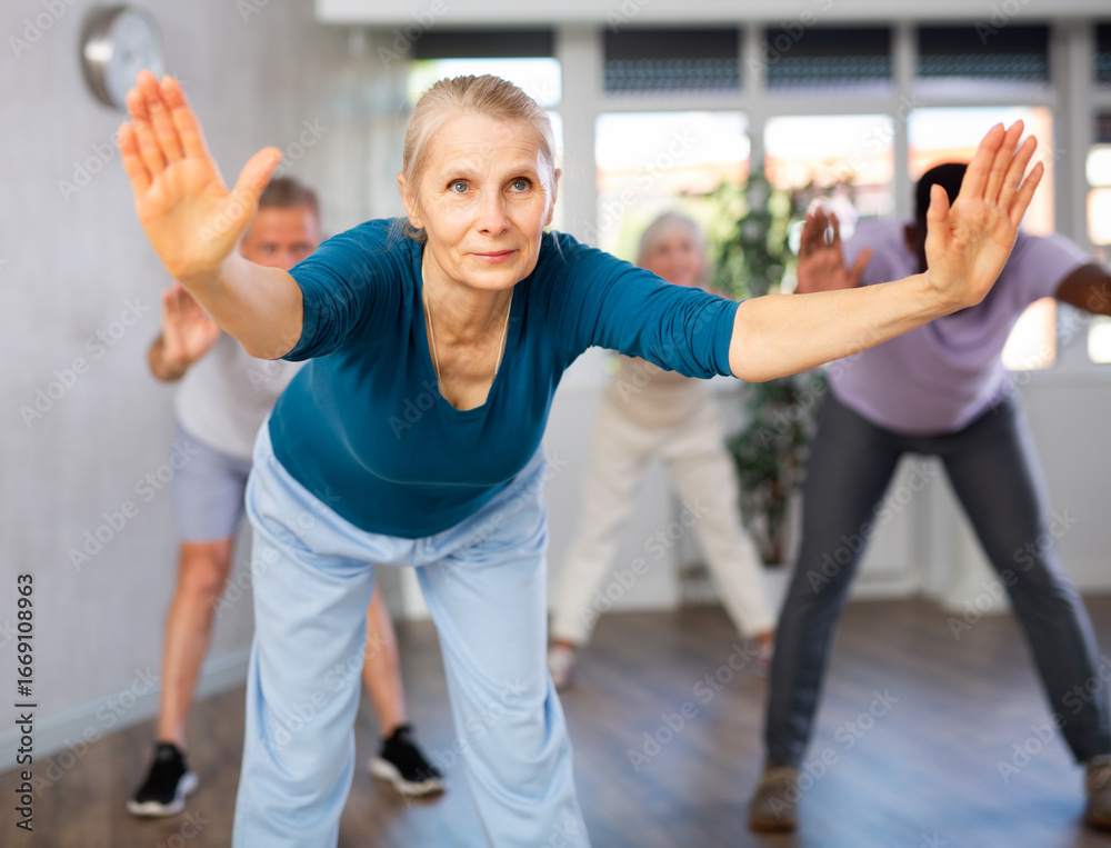 Obraz premium Elderly European woman participate in group dance class. Multinational group of people positively engaged in dance lesson for outdoor enthusiasts. Physical activity, good bodily shape