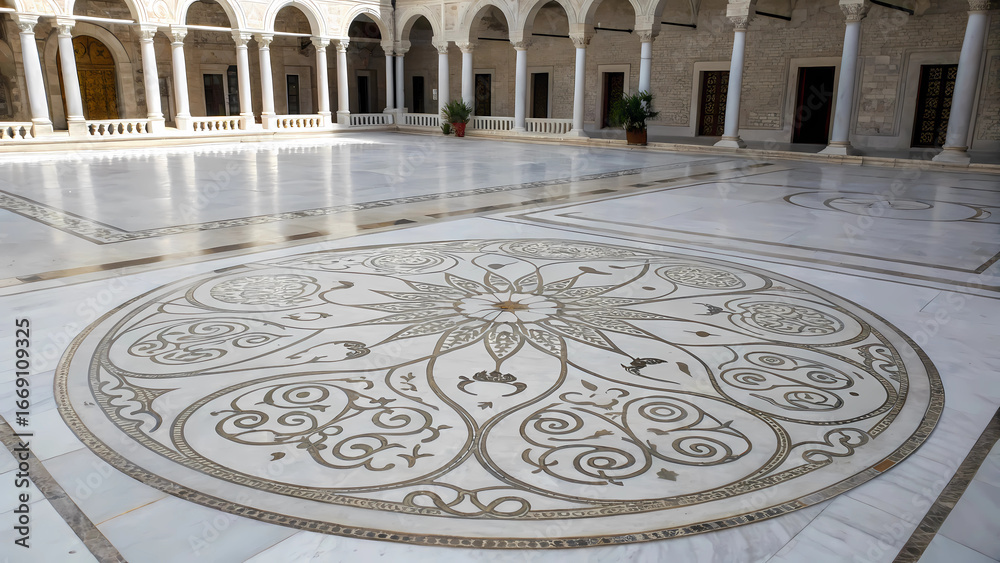 Obraz premium Interior courtyard with marble floor and columns featuring a large circular mosaic design center