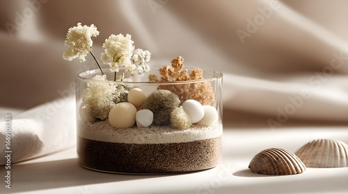 A delicate miniature terrarium, showcasing a layered design with soft, muted colors and natural elements.