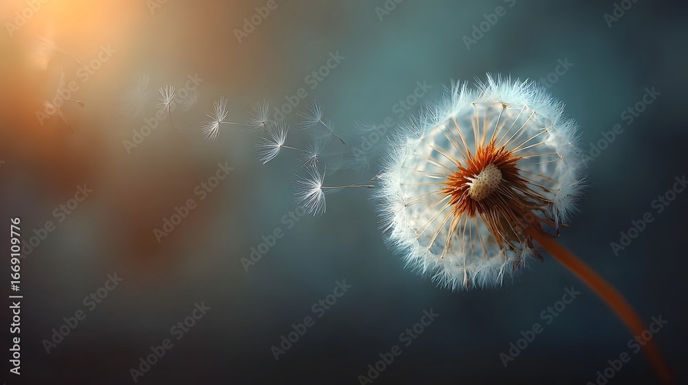 Fototapeta premium A delicate dandelion seedhead, adrift on a soft breeze, showcases a beautiful interplay of light and shadow, against a backdrop of muted tones.