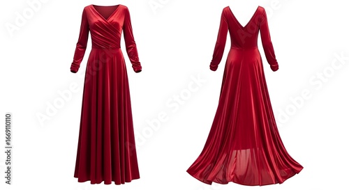 Elegant long red evening gown with pleated skirt and fitted bodice perfect for formal occasions and special events with sophisticated design and